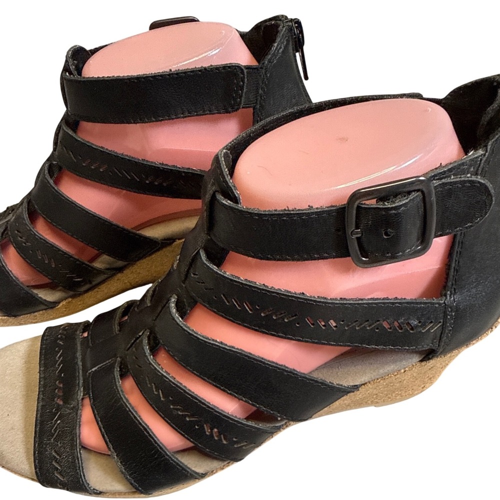 Gladiator Black Leather Wedge Zip Up Sandals‎ Womens 9 Comfort Arch Support Boho - Picture 10 of 10